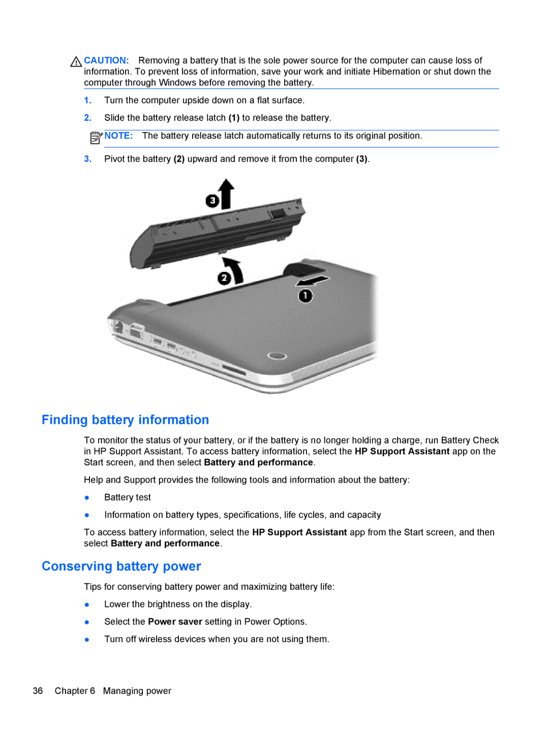 HP 11.6-Inch C2K41UA#ABA manual Finding battery information, Conserving battery power 