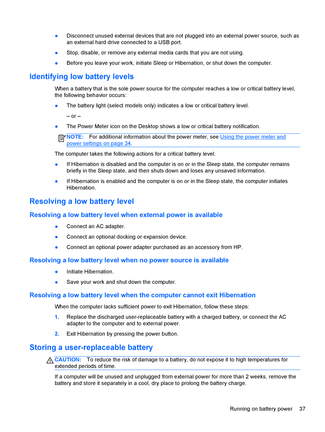 HP 11.6-Inch C2K41UA#ABA Identifying low battery levels, Resolving a low battery level, Storing a user-replaceable battery 