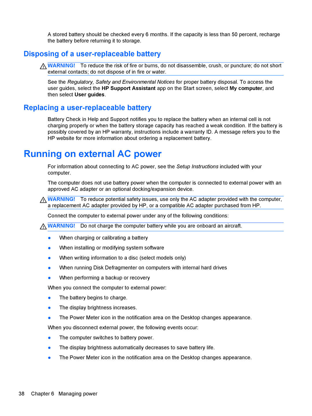 HP 11.6-Inch C2K41UA#ABA manual Running on external AC power, Disposing of a user-replaceable battery 