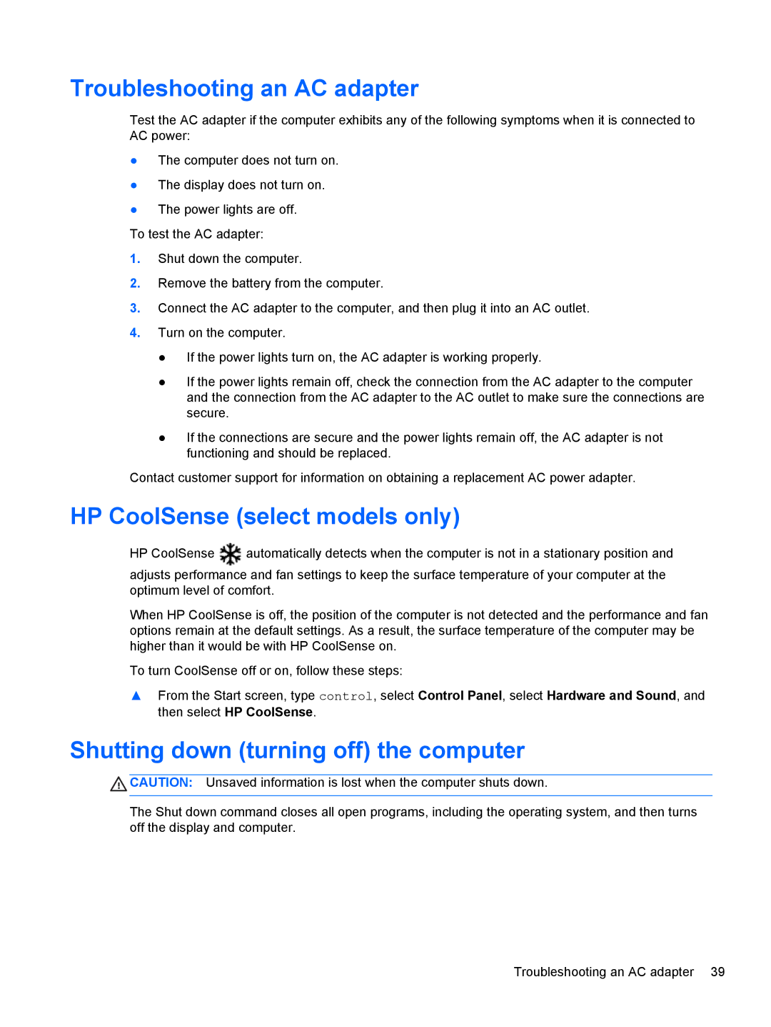 HP 11.6-Inch C2K41UA#ABA manual Troubleshooting an AC adapter, HP CoolSense select models only 