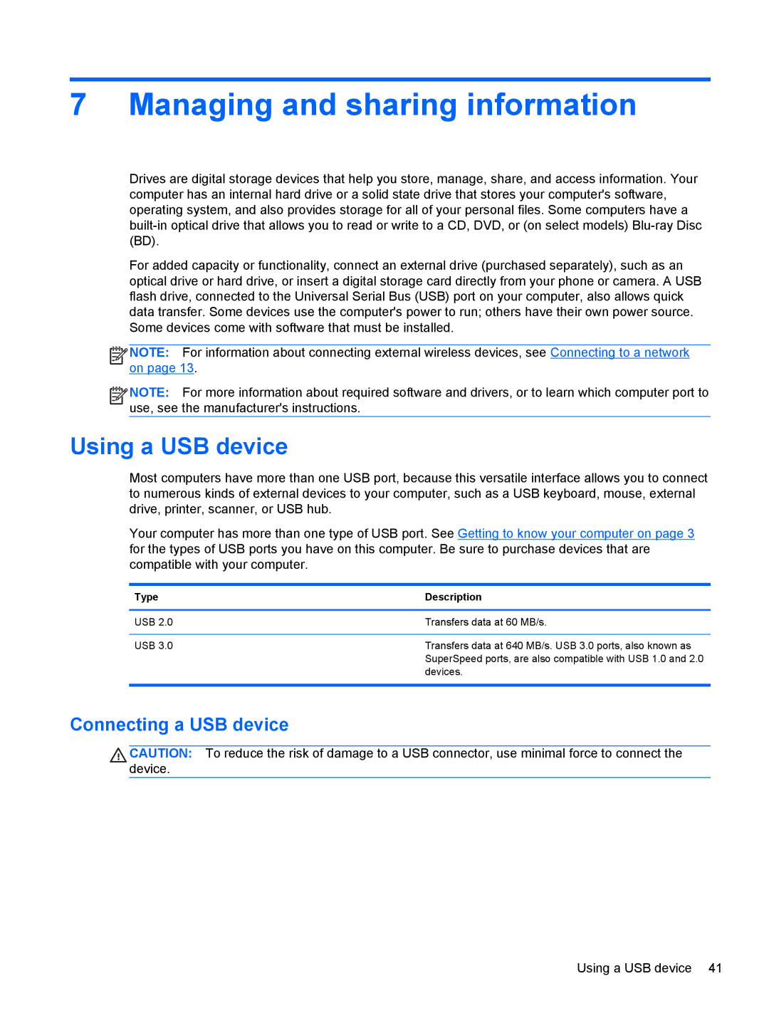 HP 11.6-Inch C2K41UA#ABA Managing and sharing information, Using a USB device, Connecting a USB device, Type Description 