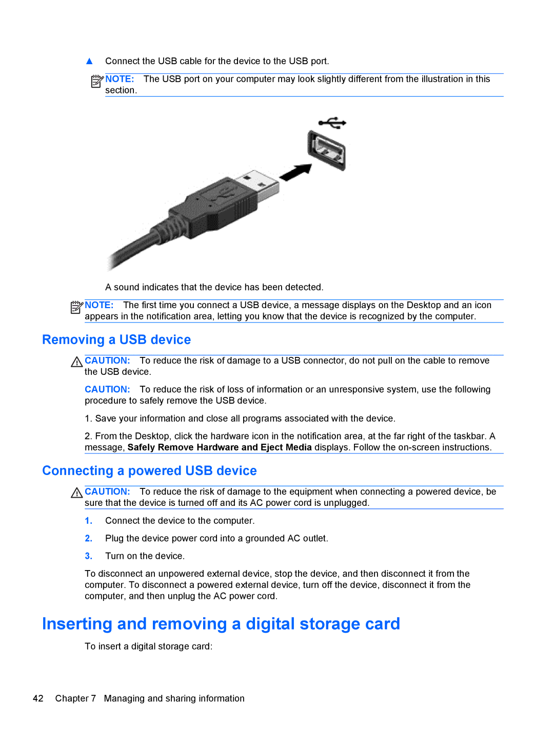 HP 11.6-Inch C2K41UA#ABA manual Inserting and removing a digital storage card, Removing a USB device 