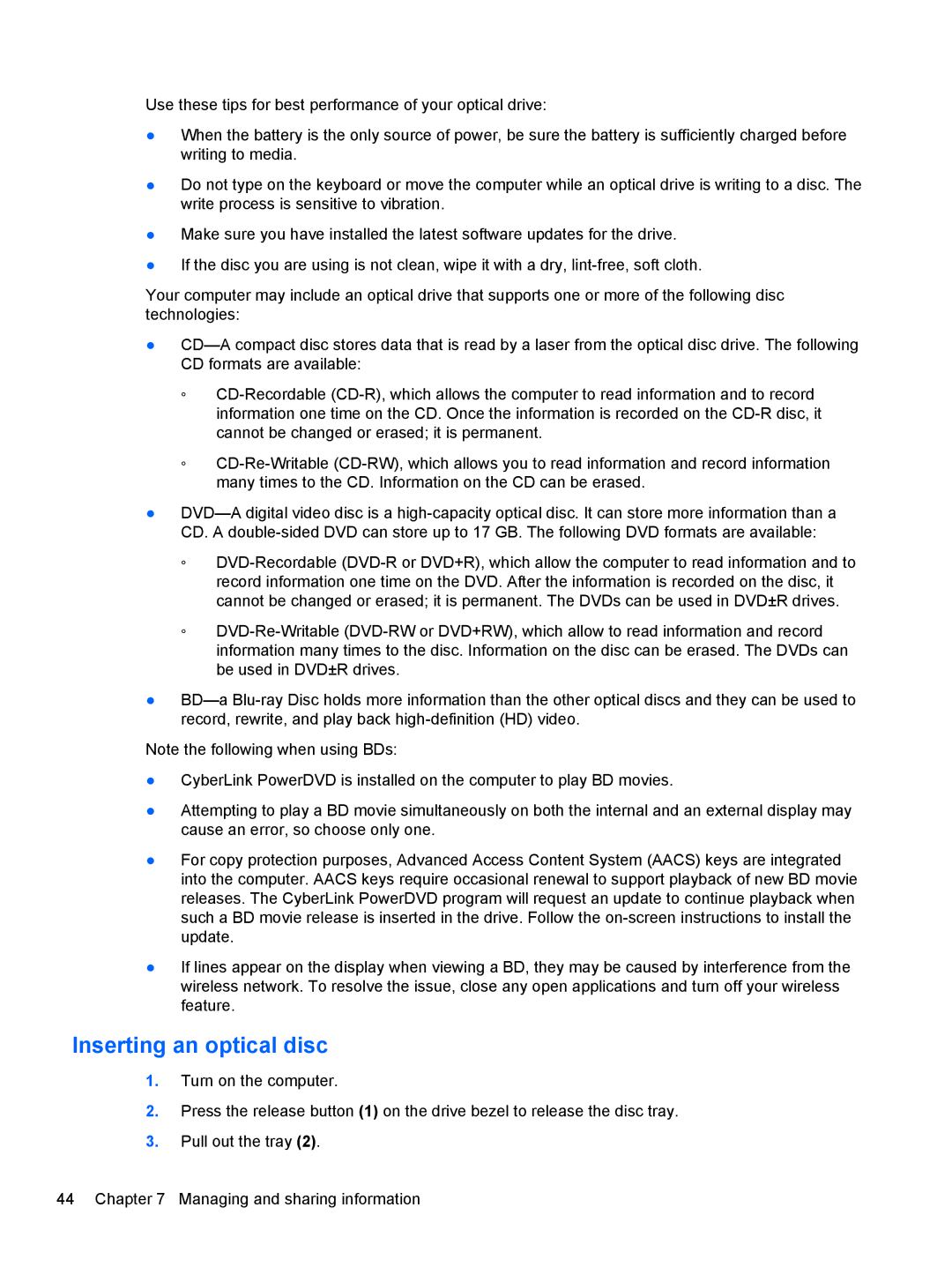 HP 11.6-Inch C2K41UA#ABA manual Inserting an optical disc 