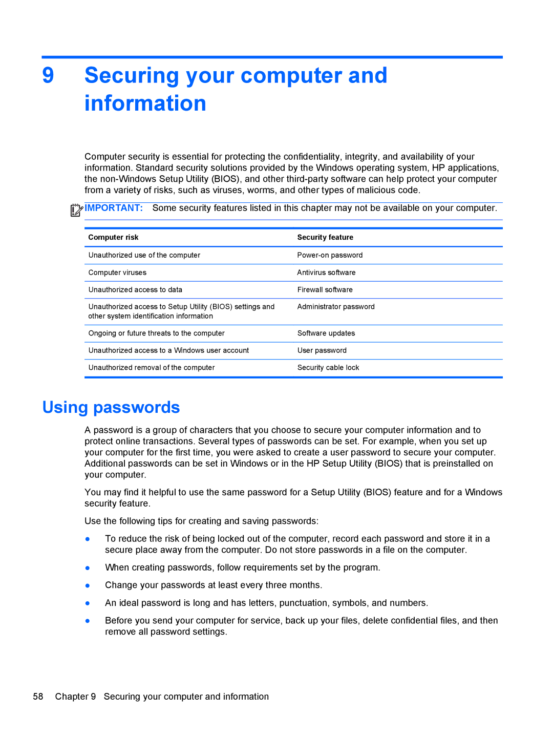 HP 11.6-Inch C2K41UA#ABA manual Securing your computer and information, Using passwords, Computer risk Security feature 