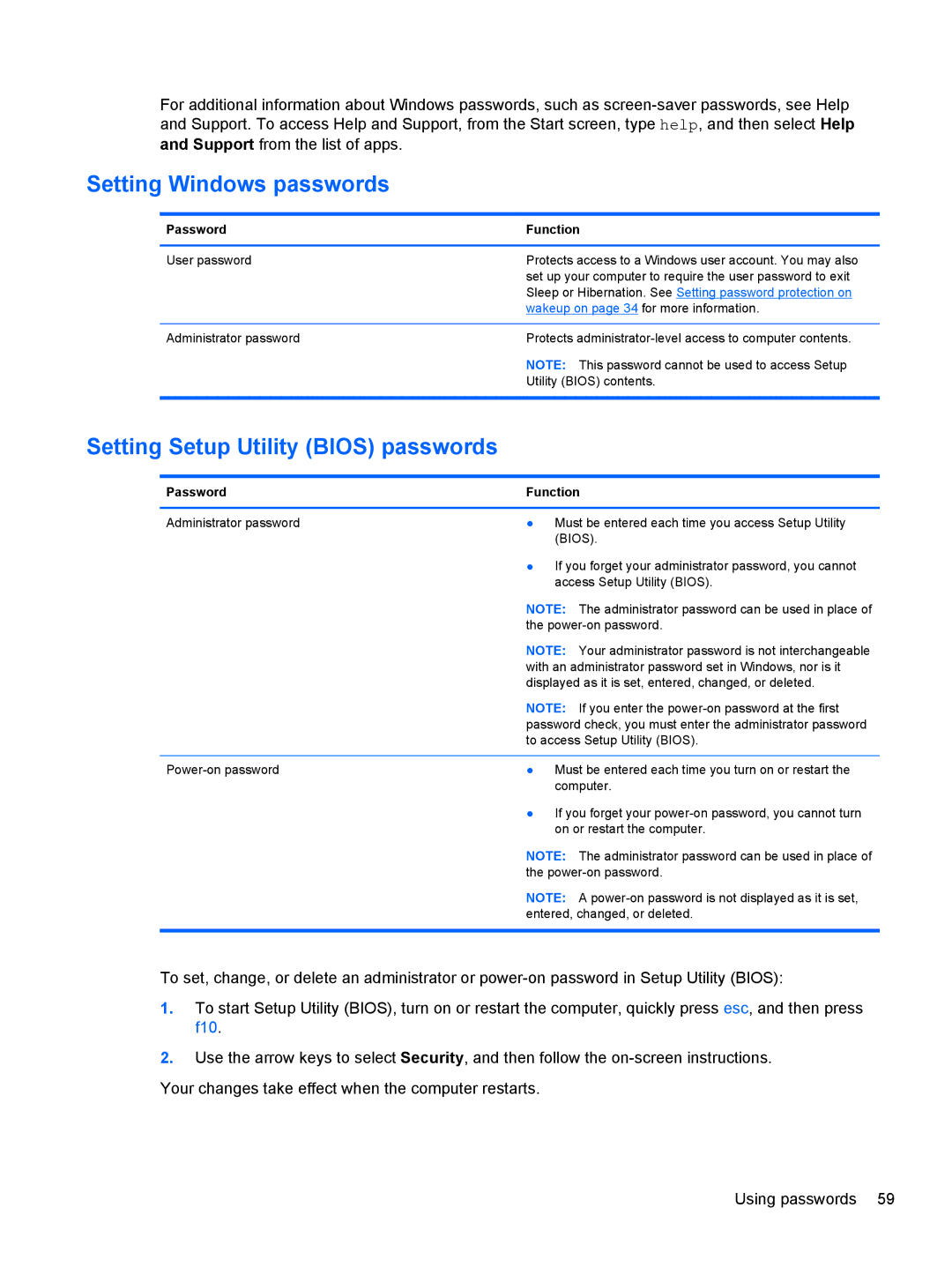 HP 11.6-Inch C2K41UA#ABA manual Setting Windows passwords, Setting Setup Utility Bios passwords, Password Function 