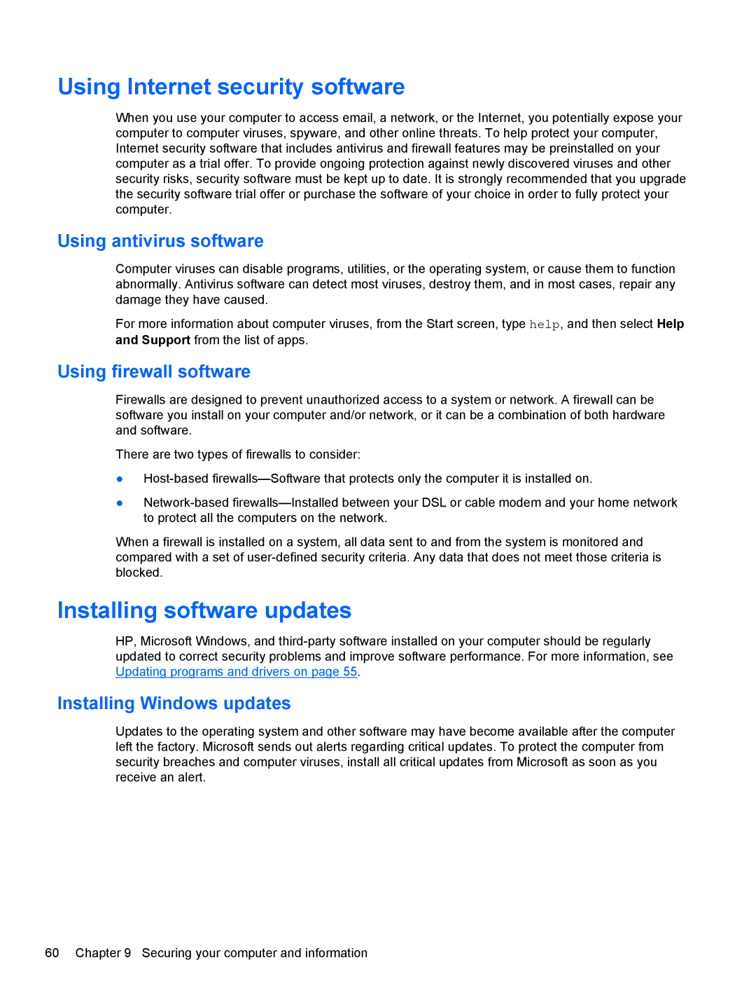 HP 11.6-Inch C2K41UA#ABA manual Using Internet security software, Installing software updates, Using antivirus software 