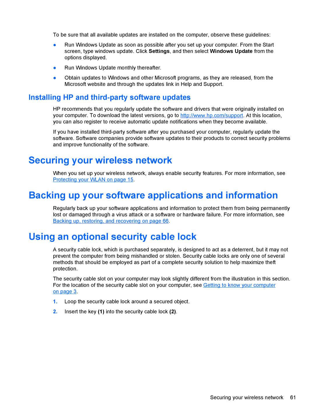 HP 11.6-Inch C2K41UA#ABA manual Securing your wireless network, Backing up your software applications and information 