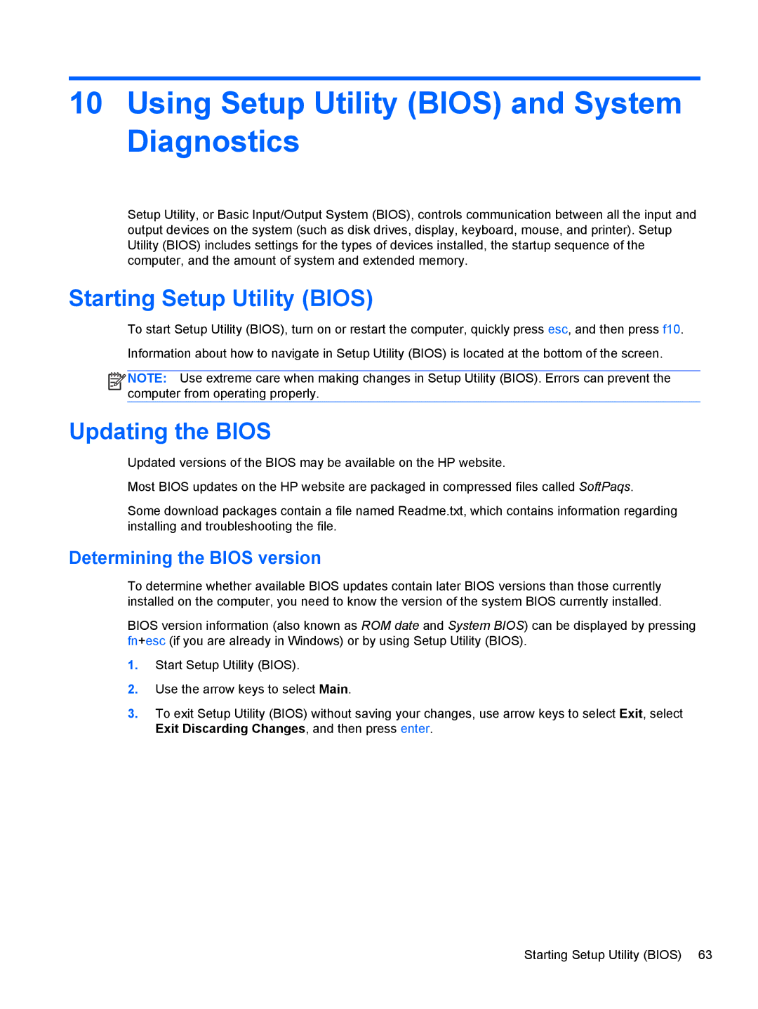 HP 11.6-Inch C2K41UA#ABA Using Setup Utility Bios and System Diagnostics, Starting Setup Utility Bios, Updating the Bios 