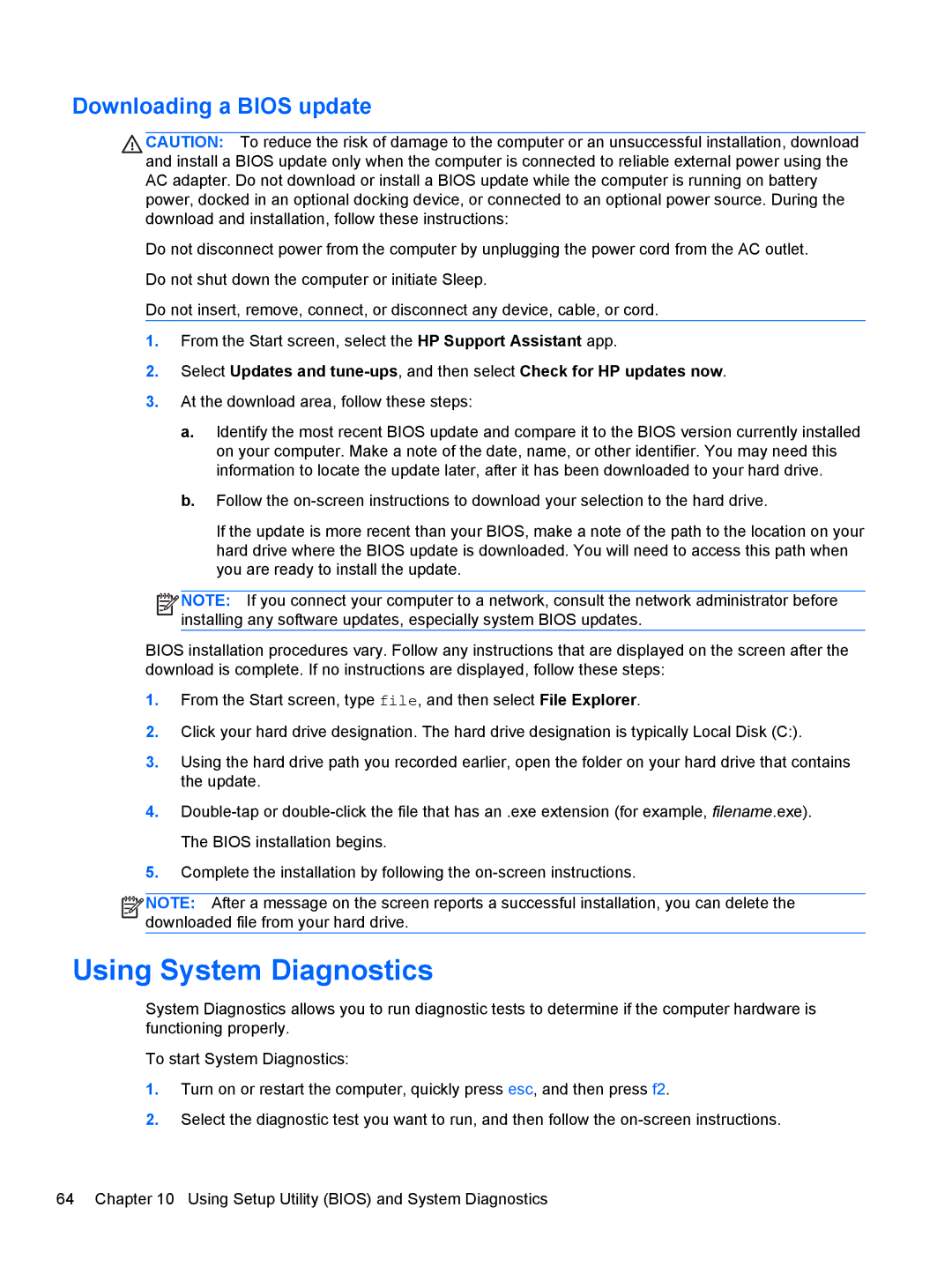 HP 11.6-Inch C2K41UA#ABA manual Using System Diagnostics, Downloading a Bios update 