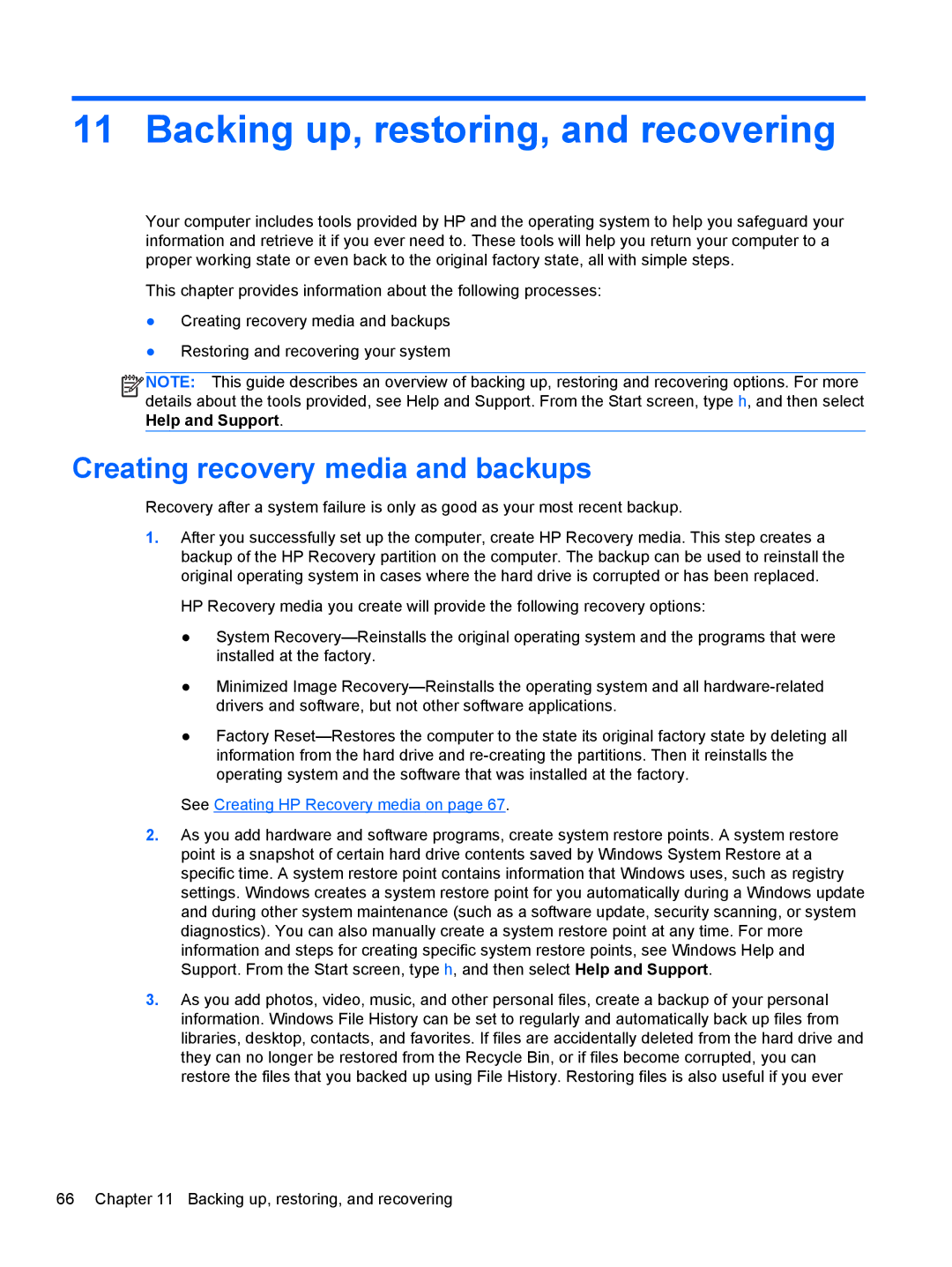 HP 11.6-Inch C2K41UA#ABA manual Backing up, restoring, and recovering, Creating recovery media and backups 