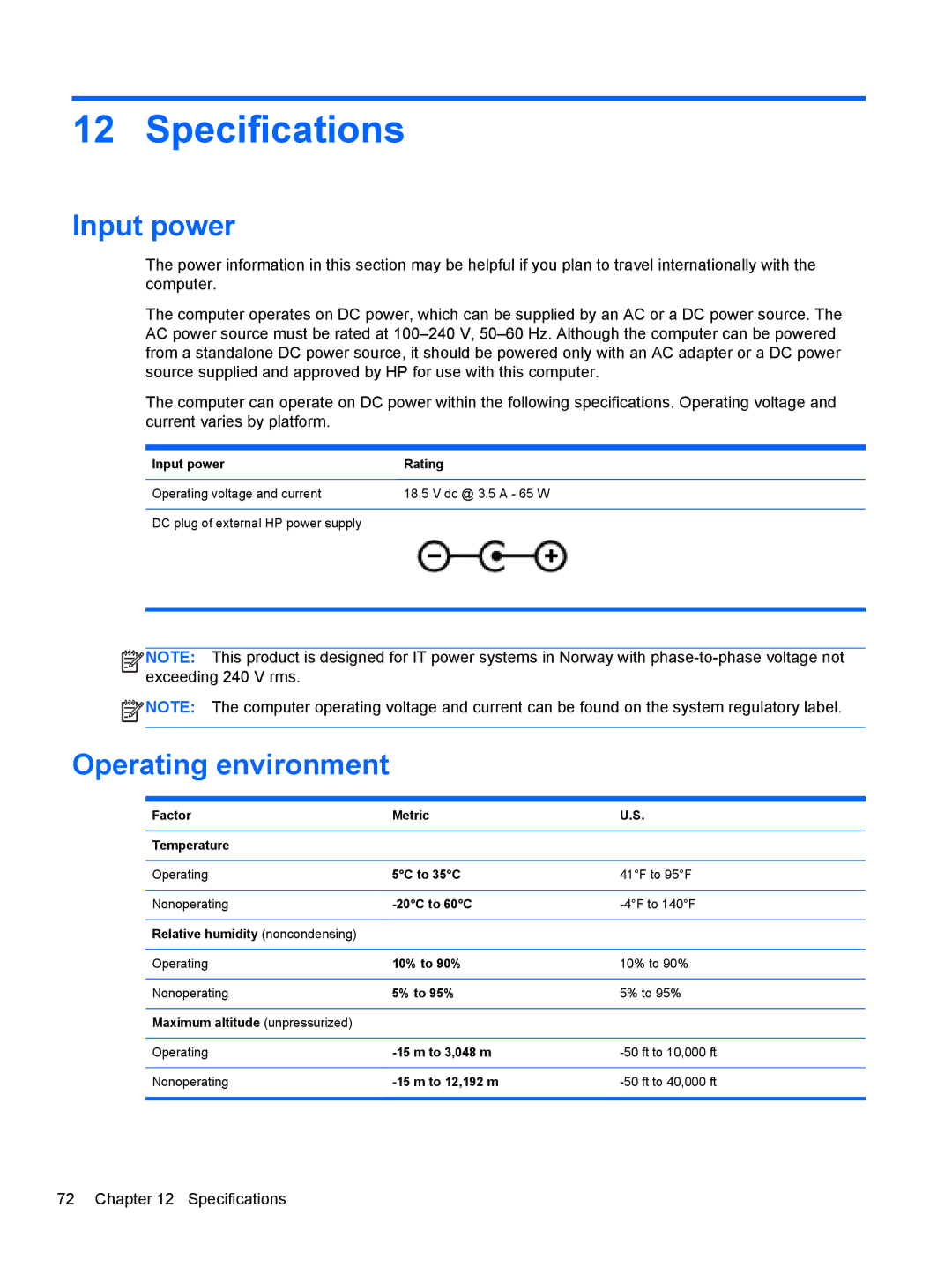 HP 11.6-Inch C2K41UA#ABA manual Specifications, Input power, Operating environment 