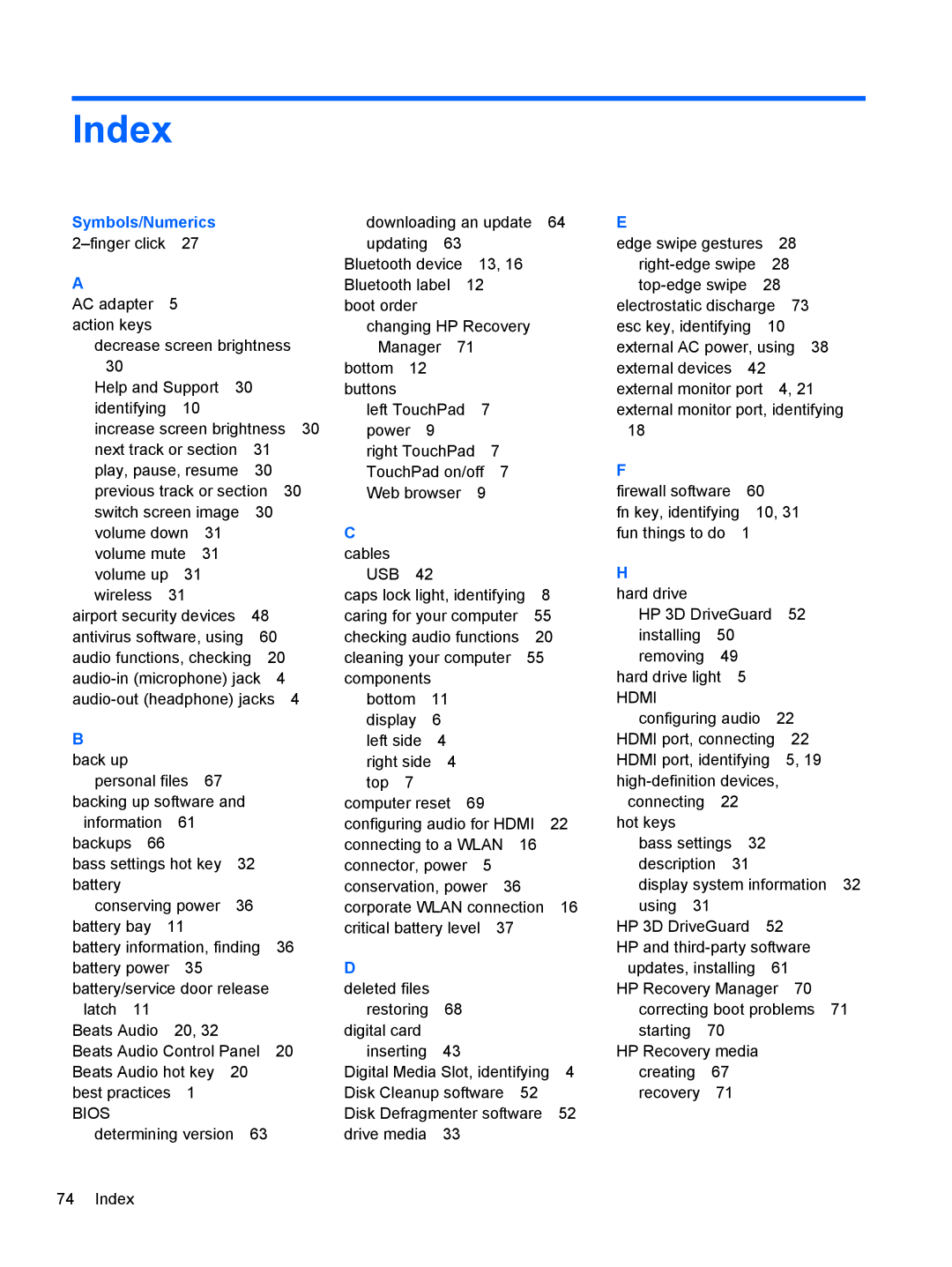 HP 11.6-Inch C2K41UA#ABA manual Index, Symbols/Numerics 2-finger click 