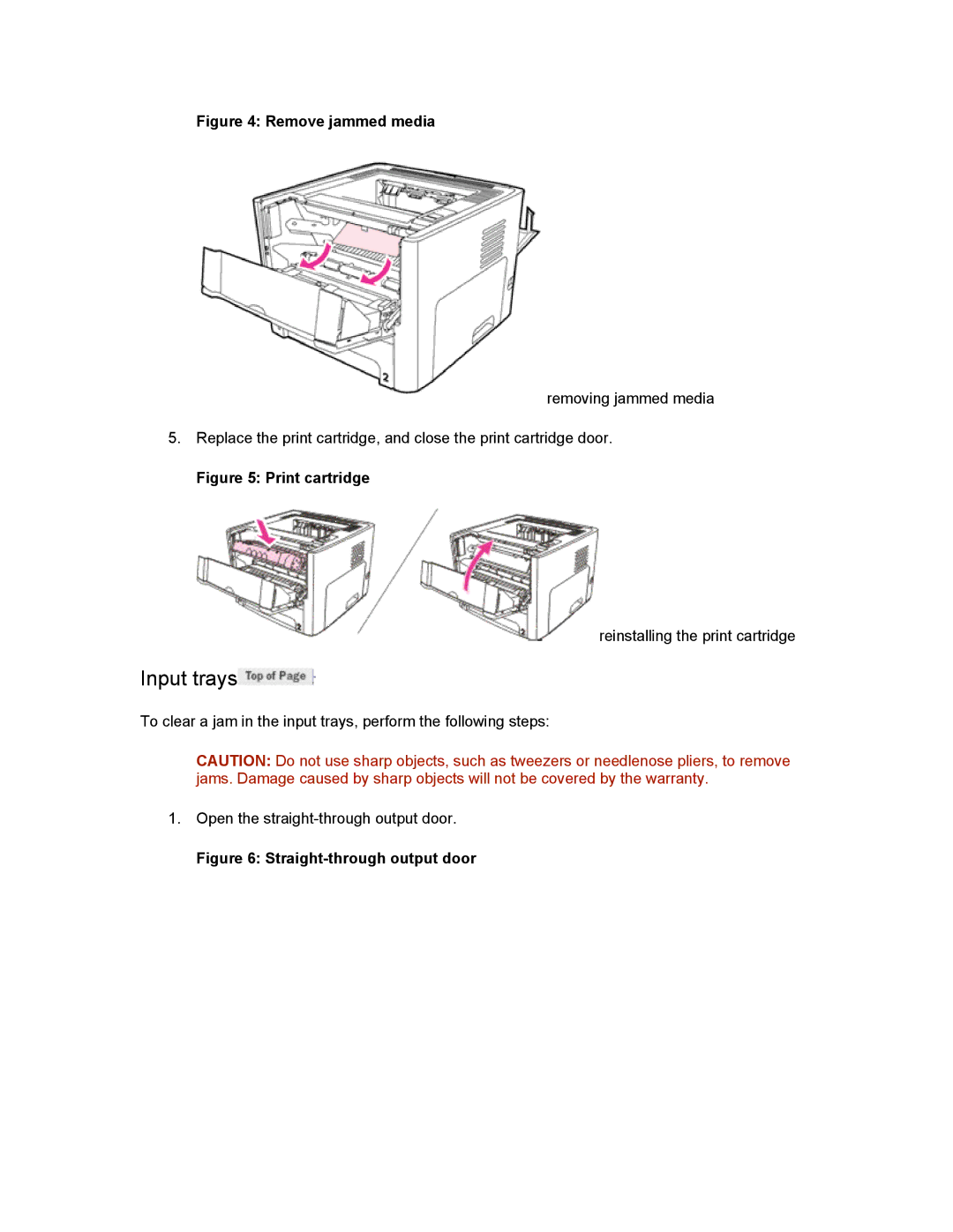 HP 1160 manual Input trays, Remove jammed media 