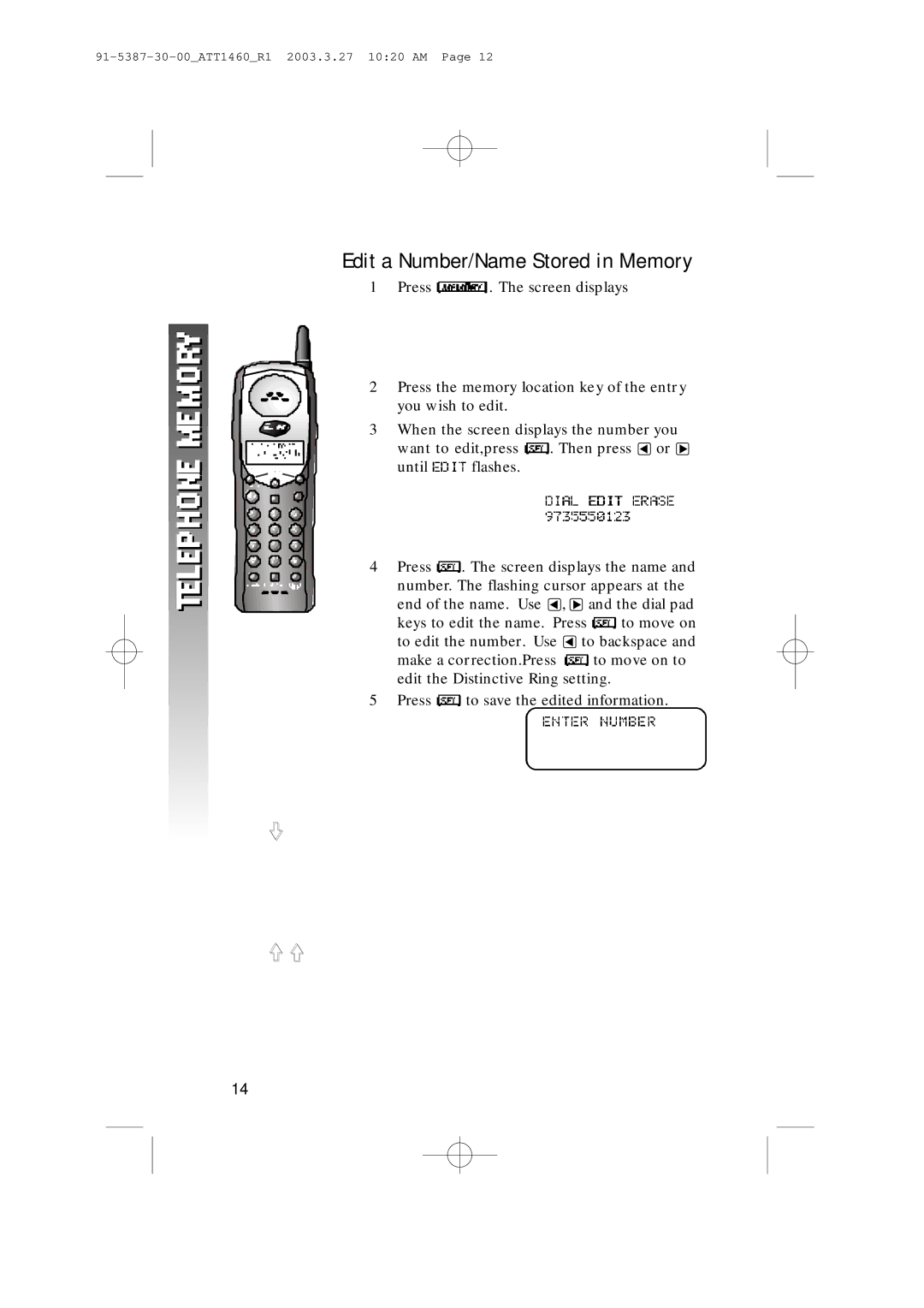 HP 1160 manual Edit a Number/Name Stored in Memory 