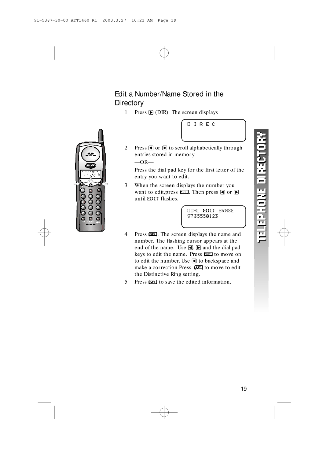 HP 1160 manual Edit a Number/Name Stored Directory 