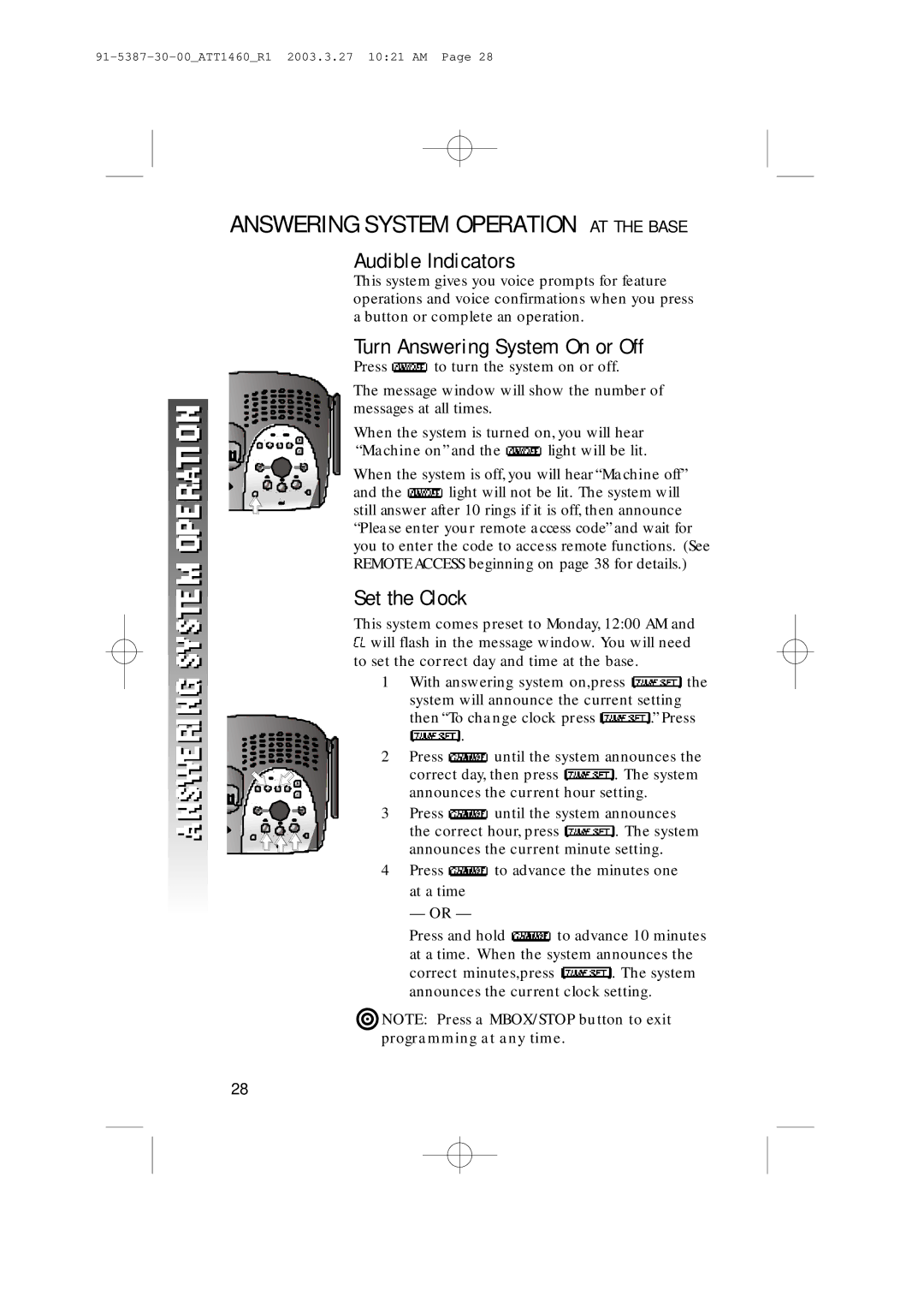 HP 1160 manual Answering System Operation AT the Base, Audible Indicators, Turn Answering System On or Off, Set the Clock 