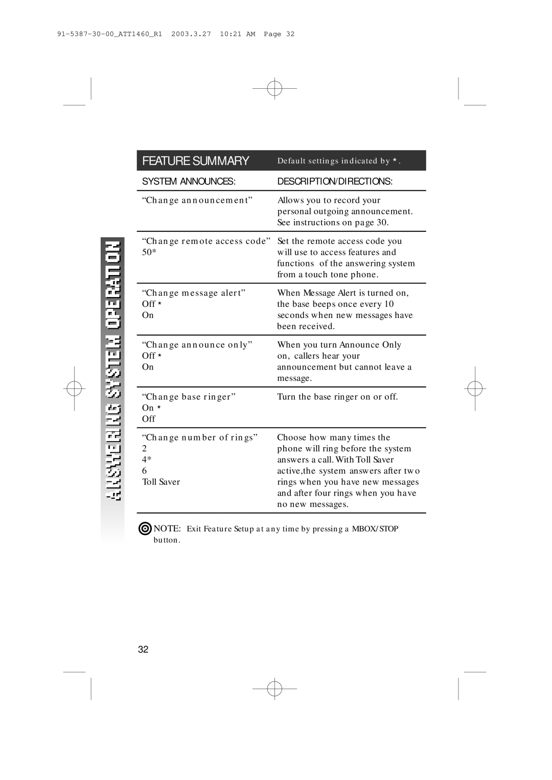 HP 1160 manual Feature Summary, System Announces DESCRIPTION/DIRECTIONS 