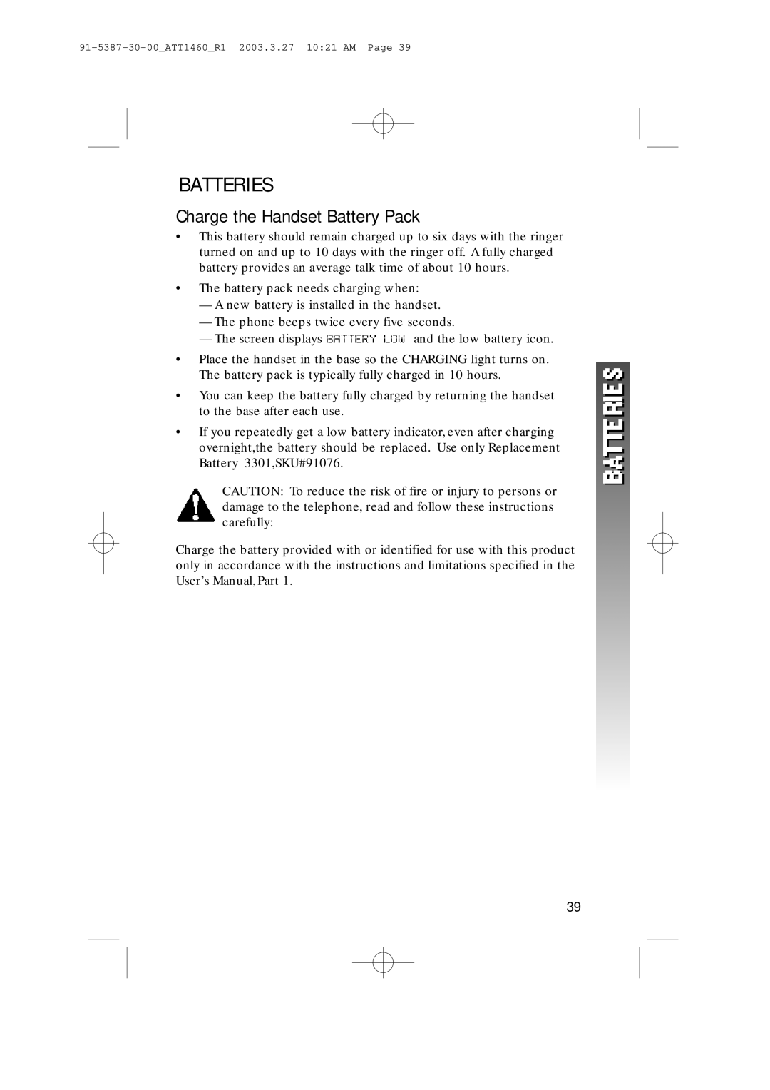 HP 1160 manual Batteries, Charge the Handset Battery Pack 