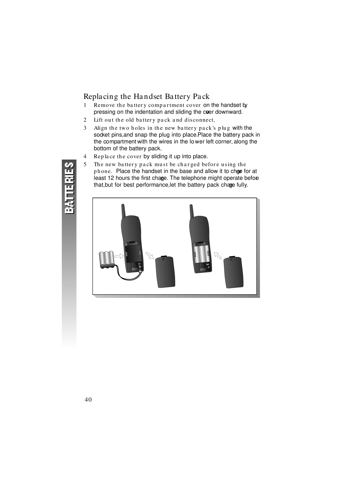 HP 1160 manual Replacing the Handset Battery Pack 