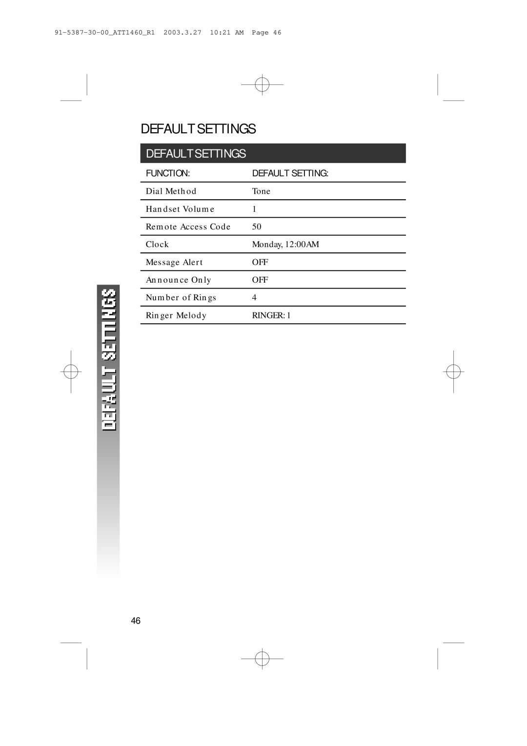 HP 1160 manual Default Settings, Function Default Setting, Announce Only, Number of Rings Ringer Melody 