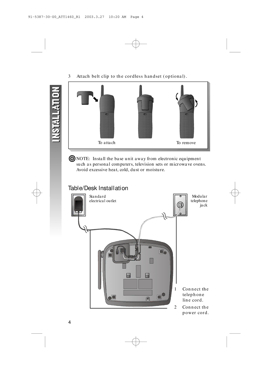 HP 1160 manual Attach belt clip to the cordless handset optional, Connect the telephone line cord Connect the power cord 