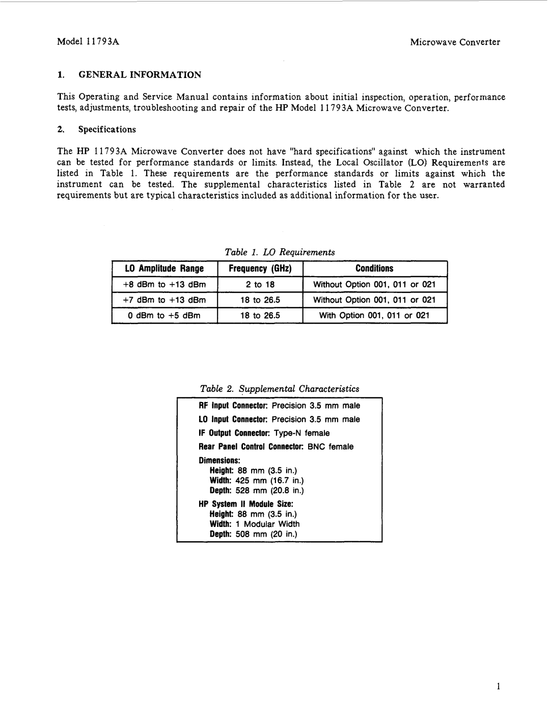 HP 11793A manual General Information, Specifications 