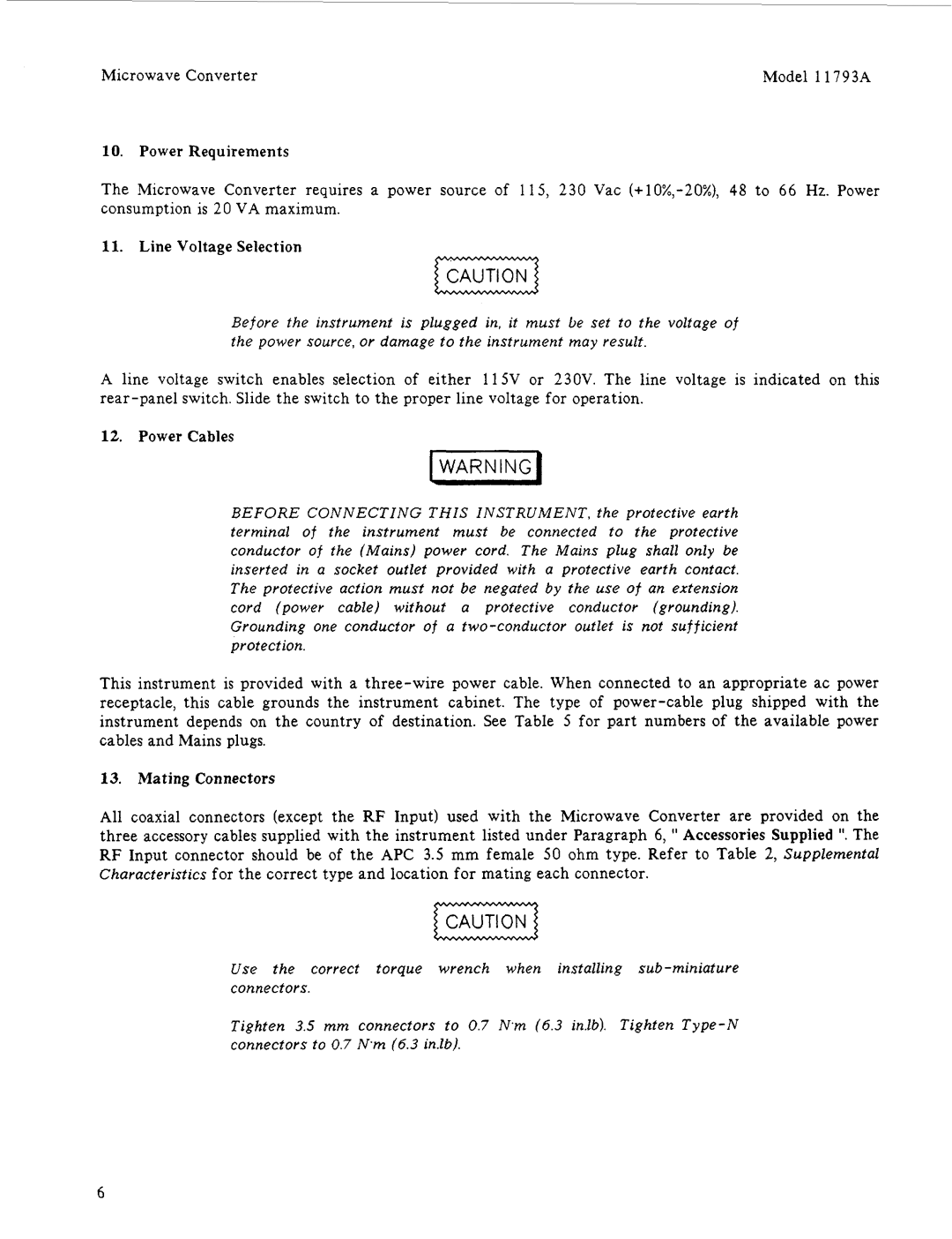 HP 11793A manual Power Requirements, Line Voltage Selection, Power Cables, Mating Connectors 