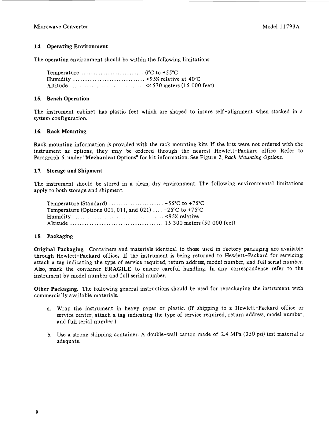 HP 11793A manual Operating Environment, Bench Operation, Rack Mounting, Storage and Shipment, Packaging 