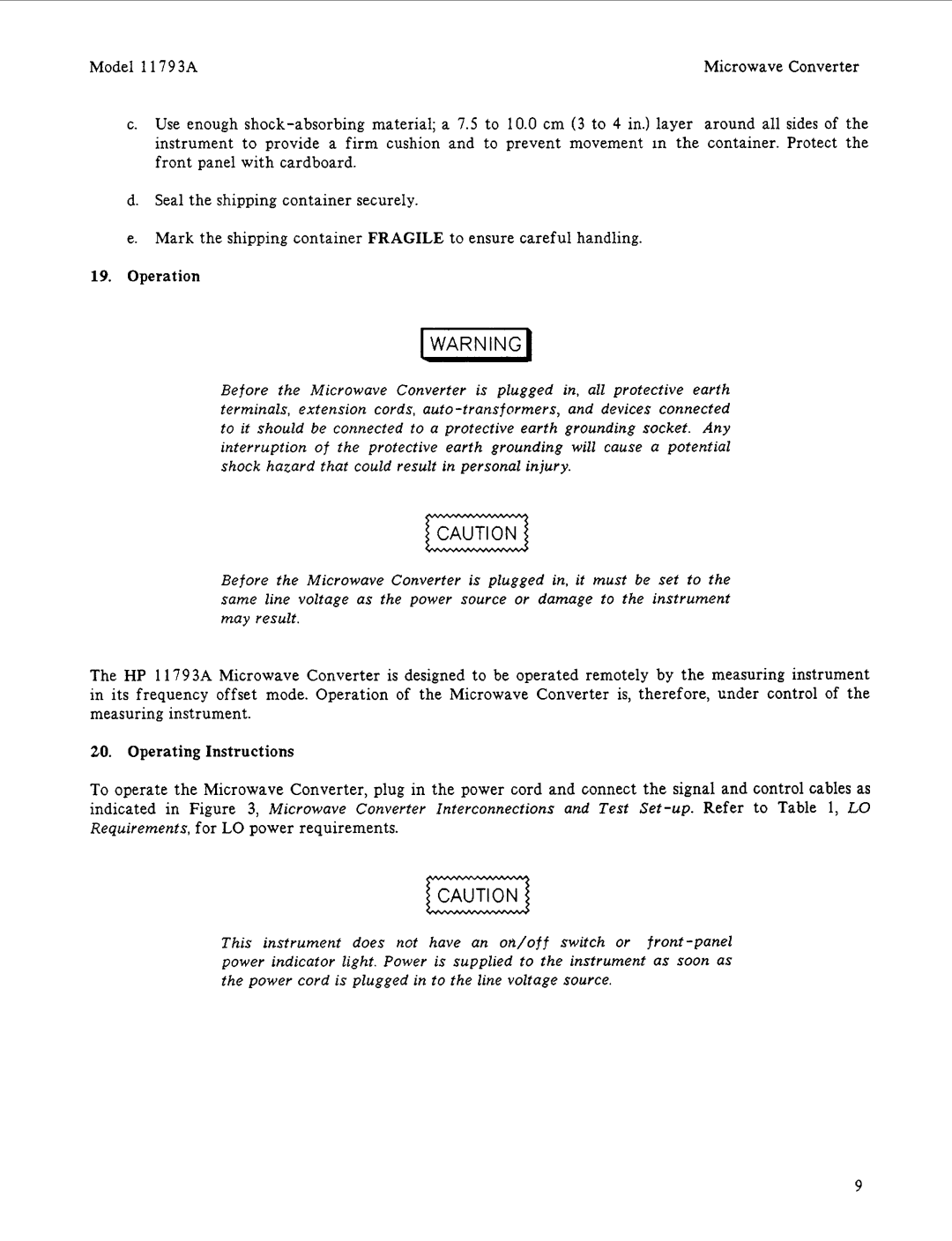 HP 11793A manual Operation, Operating Instructions 