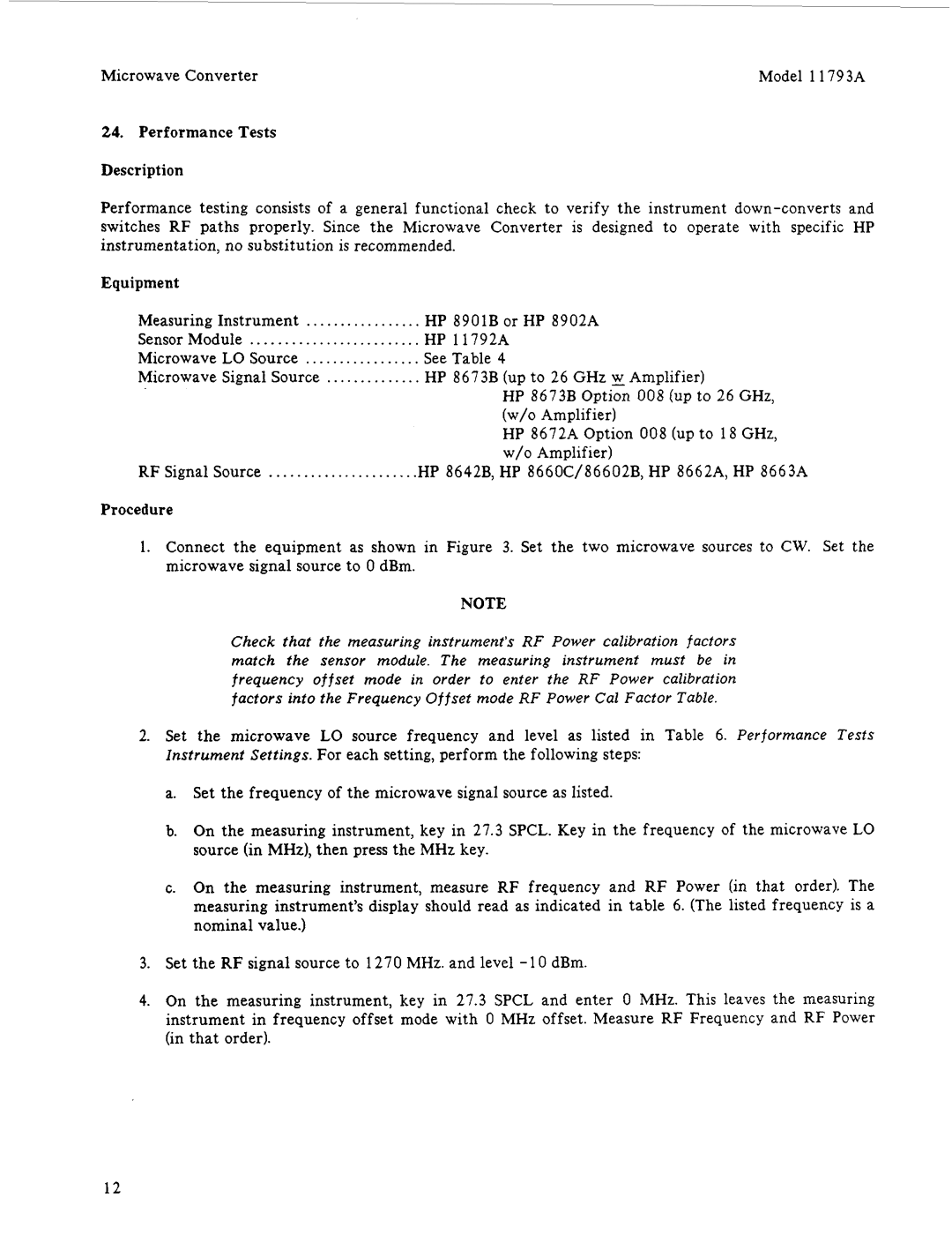 HP 11793A manual Performance Tests Description, Equipment 