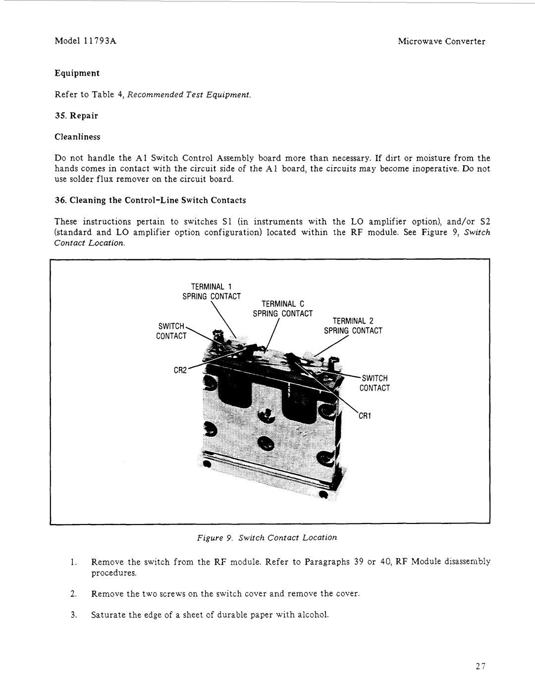 HP 11793A manual Repair Cleanliness, Cleaning the Control-Line Switch Contacts 