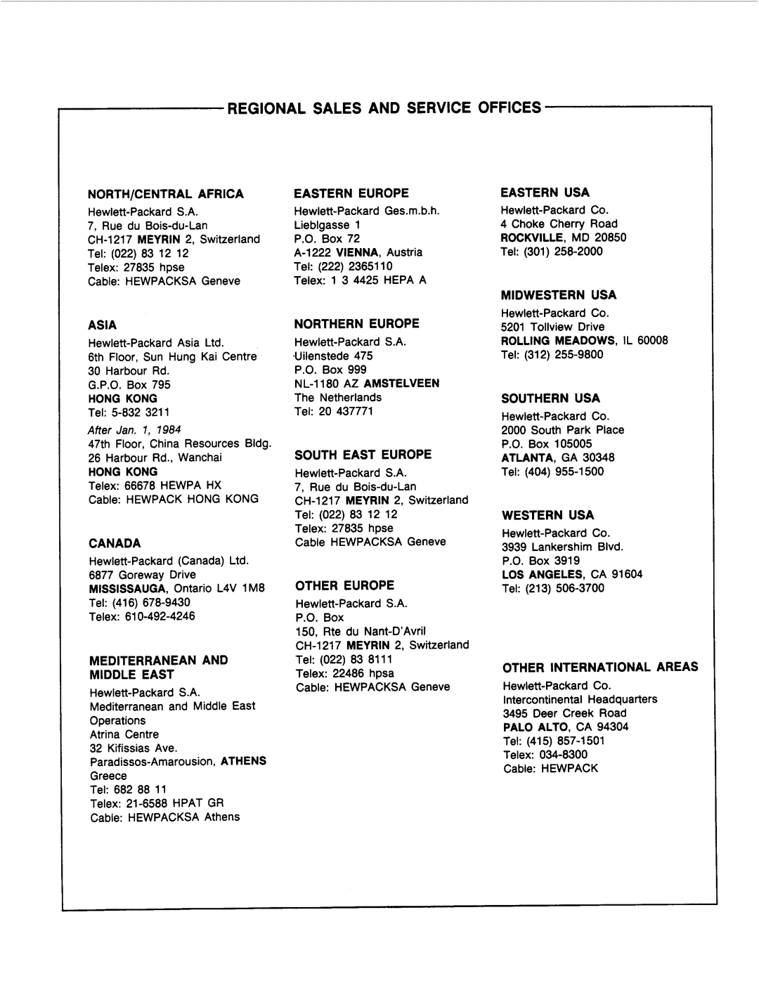 HP 11793A manual Regional Sales and Service Offices 