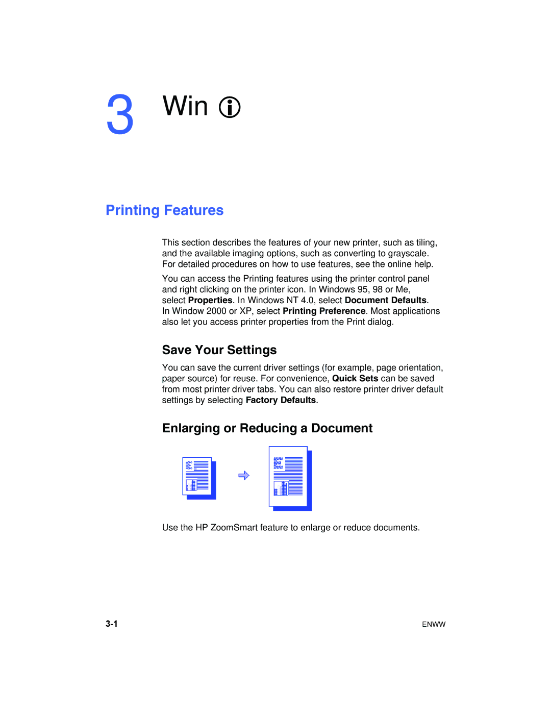 HP 1180C manual Win, Printing Features, Save Your Settings, Enlarging or Reducing a Document 