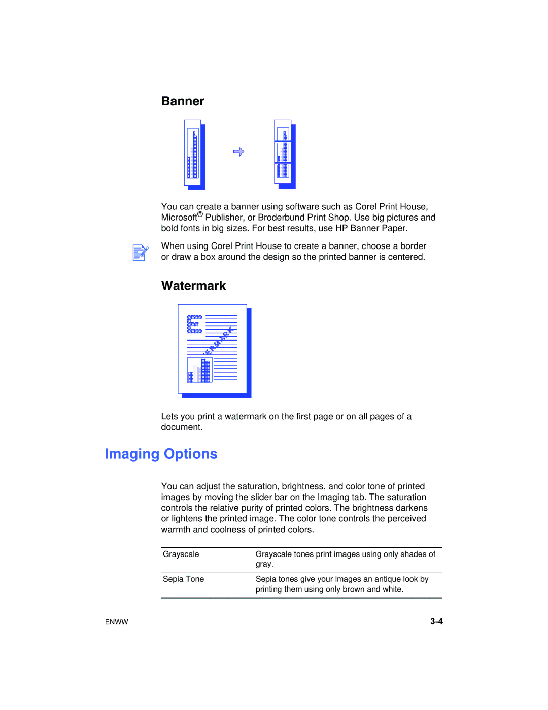 HP 1180C manual Imaging Options, Banner, Watermark 