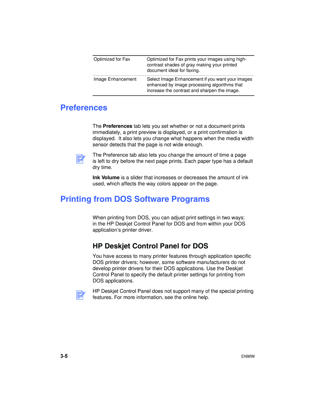 HP 1180C manual Preferences, Printing from DOS Software Programs, HP Deskjet Control Panel for DOS 