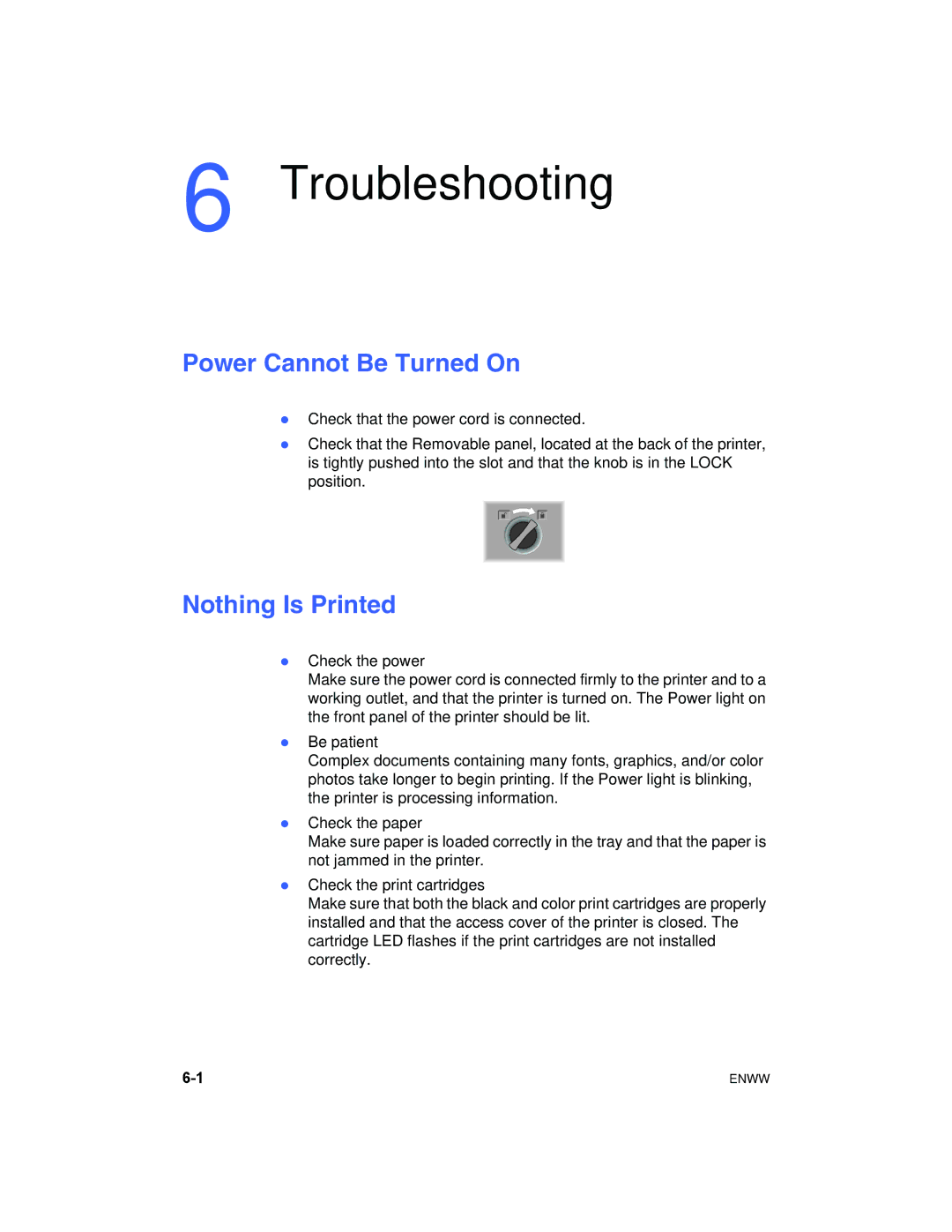 HP 1180C manual Troubleshooting, Power Cannot Be Turned On, Nothing Is Printed 