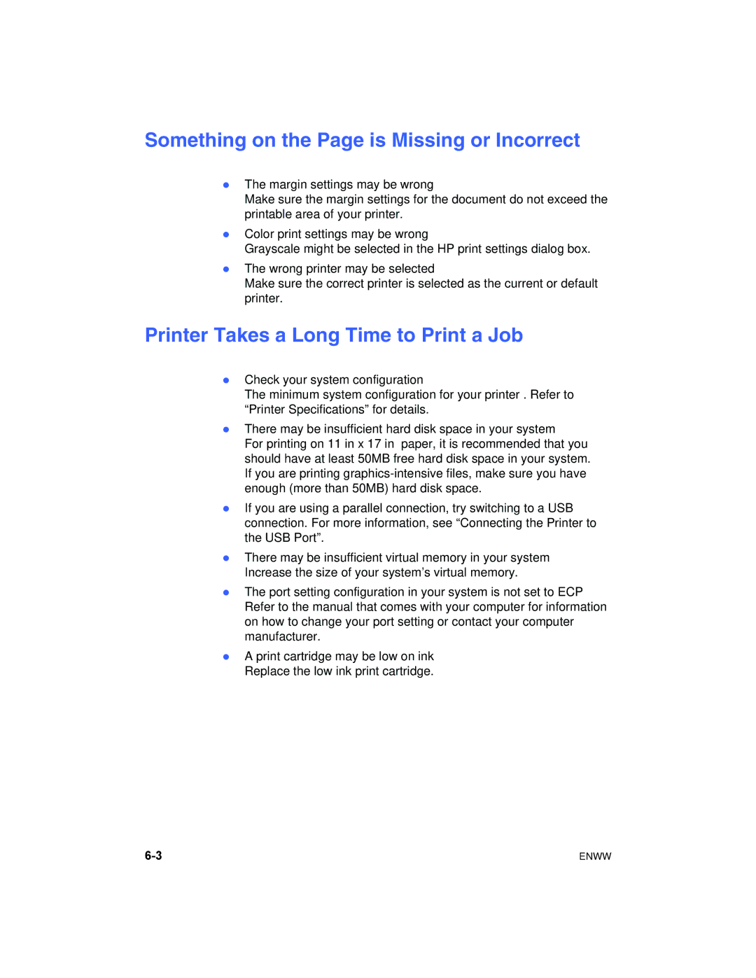 HP 1180C manual Something on the Page is Missing or Incorrect, Printer Takes a Long Time to Print a Job 