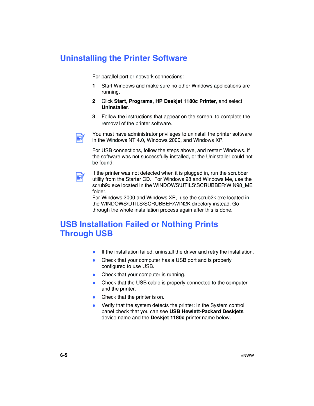 HP 1180C manual Uninstalling the Printer Software, USB Installation Failed or Nothing Prints Through USB 