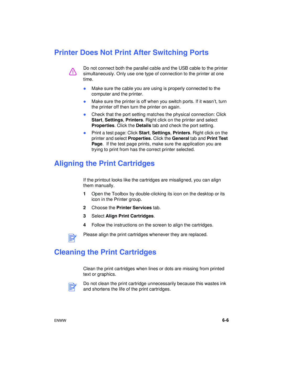 HP 1180C manual Printer Does Not Print After Switching Ports, Aligning the Print Cartridges, Cleaning the Print Cartridges 