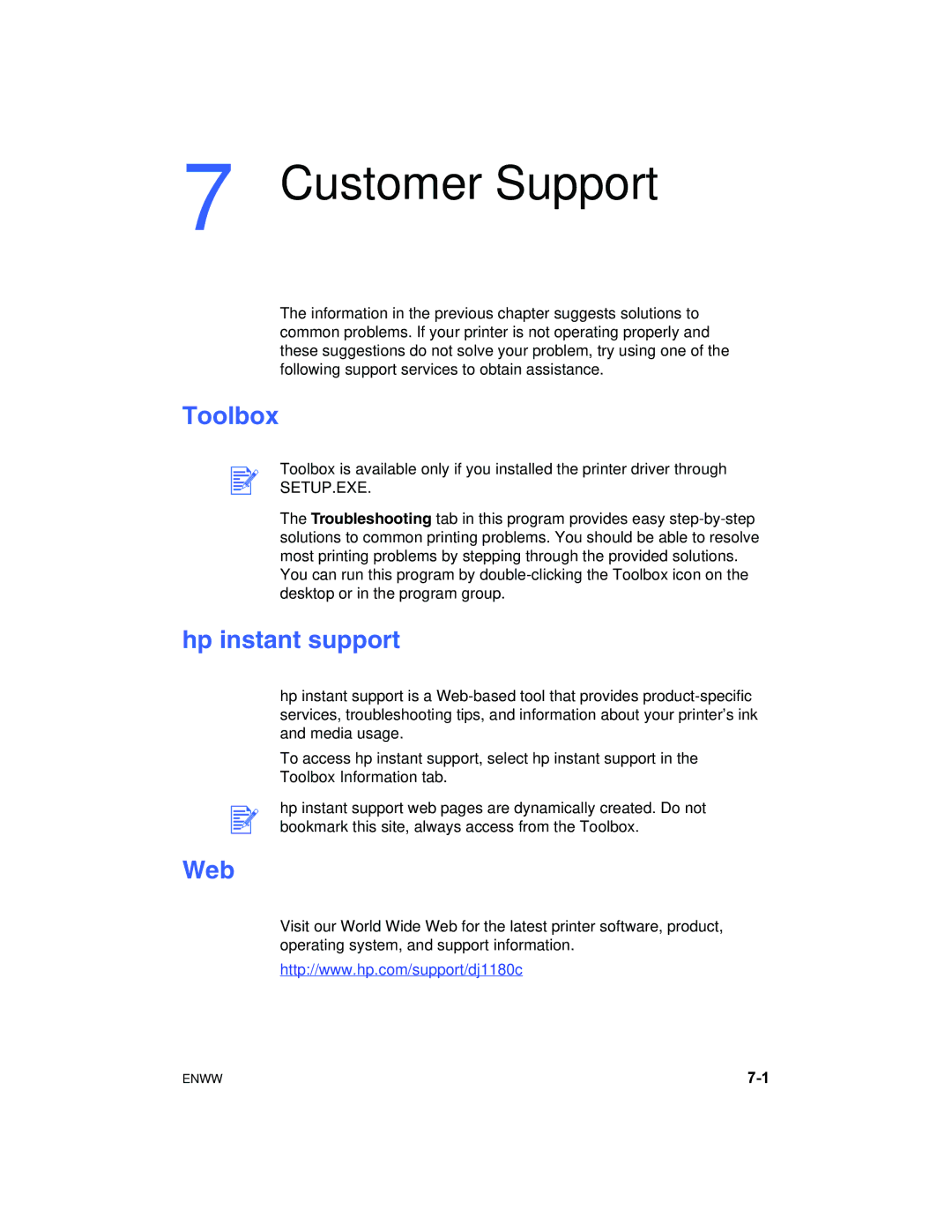 HP 1180C manual Customer Support, Toolbox, Hp instant support, Web 