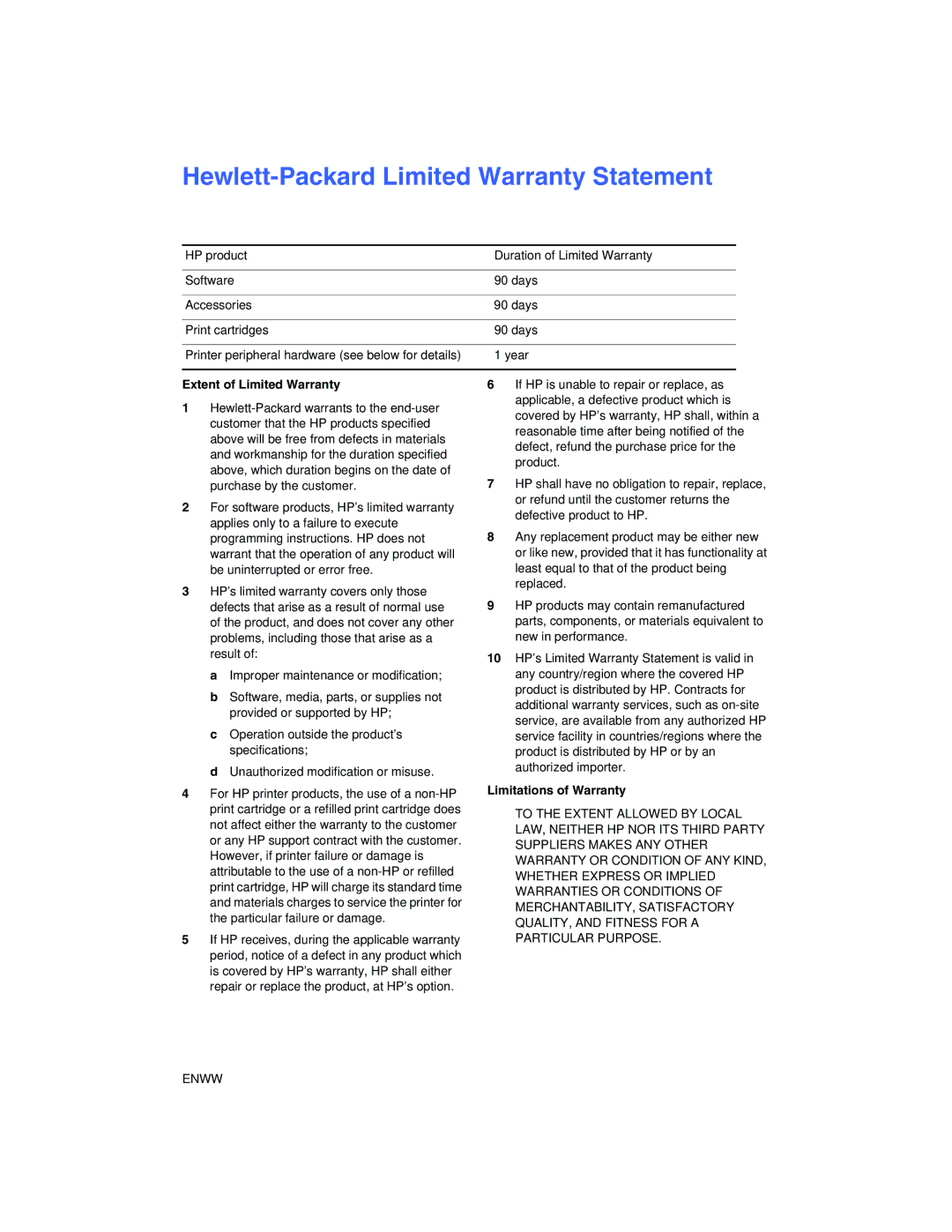 HP 1180C manual Hewlett-Packard Limited Warranty Statement, Extent of Limited Warranty 