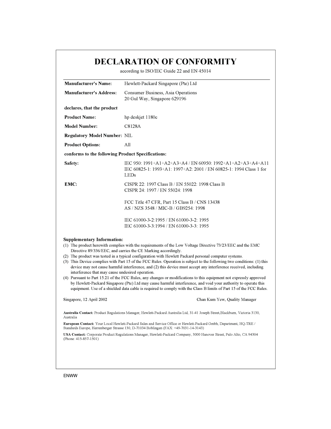 HP 1180C manual Declaration of Conformity 