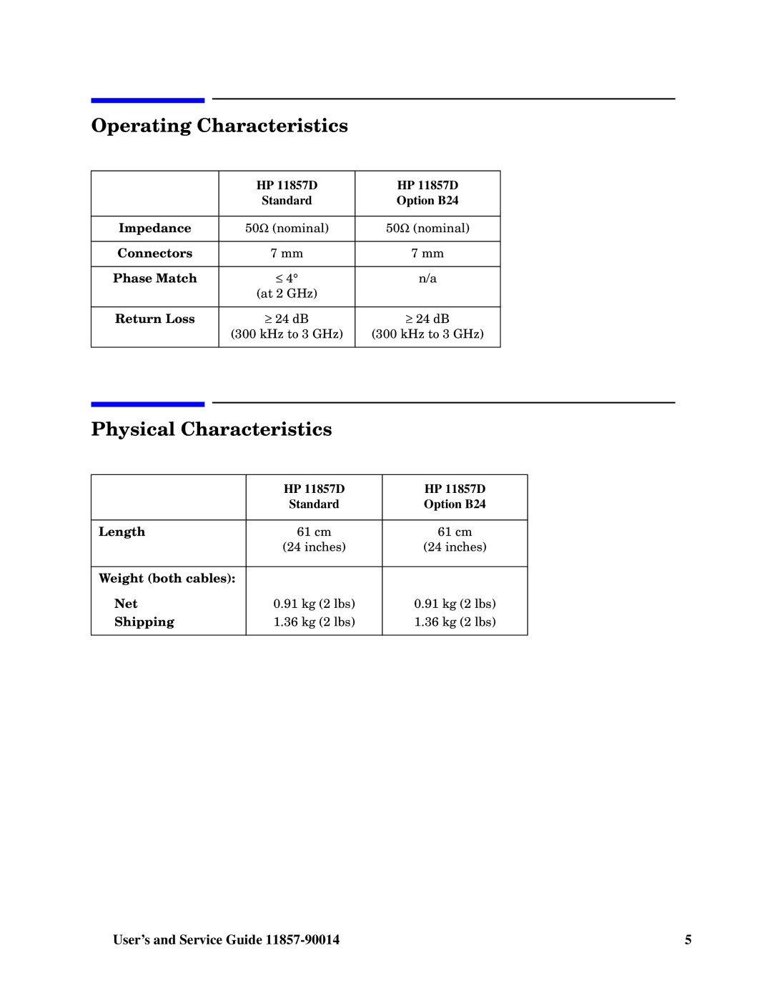 HP 11857D manual Operating Characteristics, Physical Characteristics 