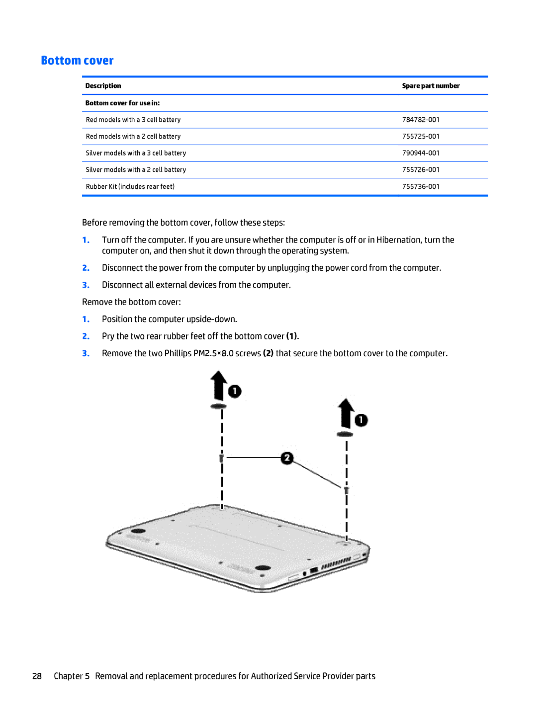 HP 11t-n000 x360, 11-n038ca x360, 11-n041ca x360, 11-n040ca x360 manual Description Spare part number Bottom cover for use 