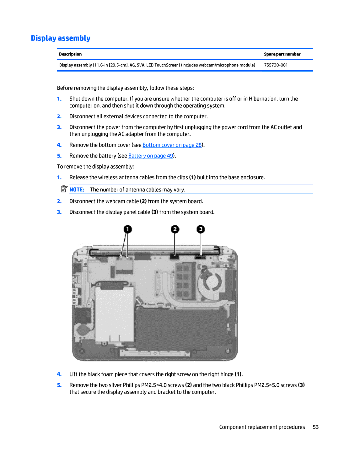 HP 11-n030ca x360, 11t-n000 x360, 11-n038ca x360, 11-n041ca x360 manual Display assembly, Description Spare part number 