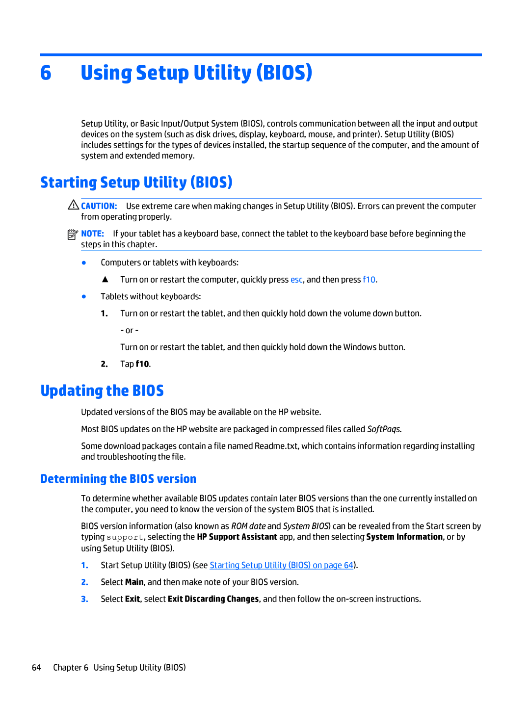 HP 11t-n000 x360 Using Setup Utility Bios, Starting Setup Utility Bios, Updating the Bios, Determining the Bios version 