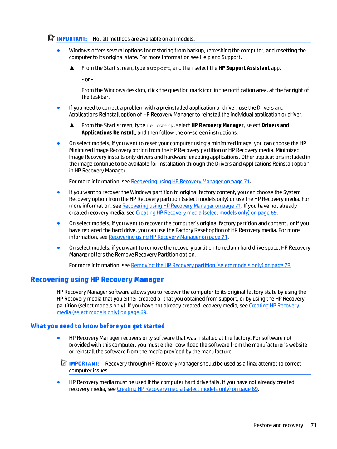 HP 11-n030ca x360, 11t-n000 x360 manual Recovering using HP Recovery Manager, What you need to know before you get started 