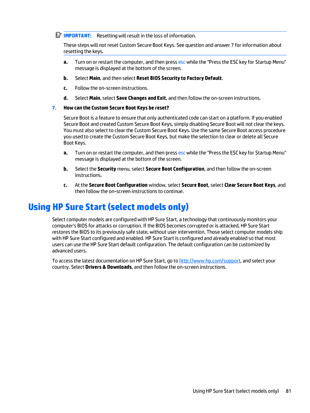 HP 11-n001xx x360, 11t-n000 x360 Using HP Sure Start select models only, How can the Custom Secure Boot Keys be reset? 