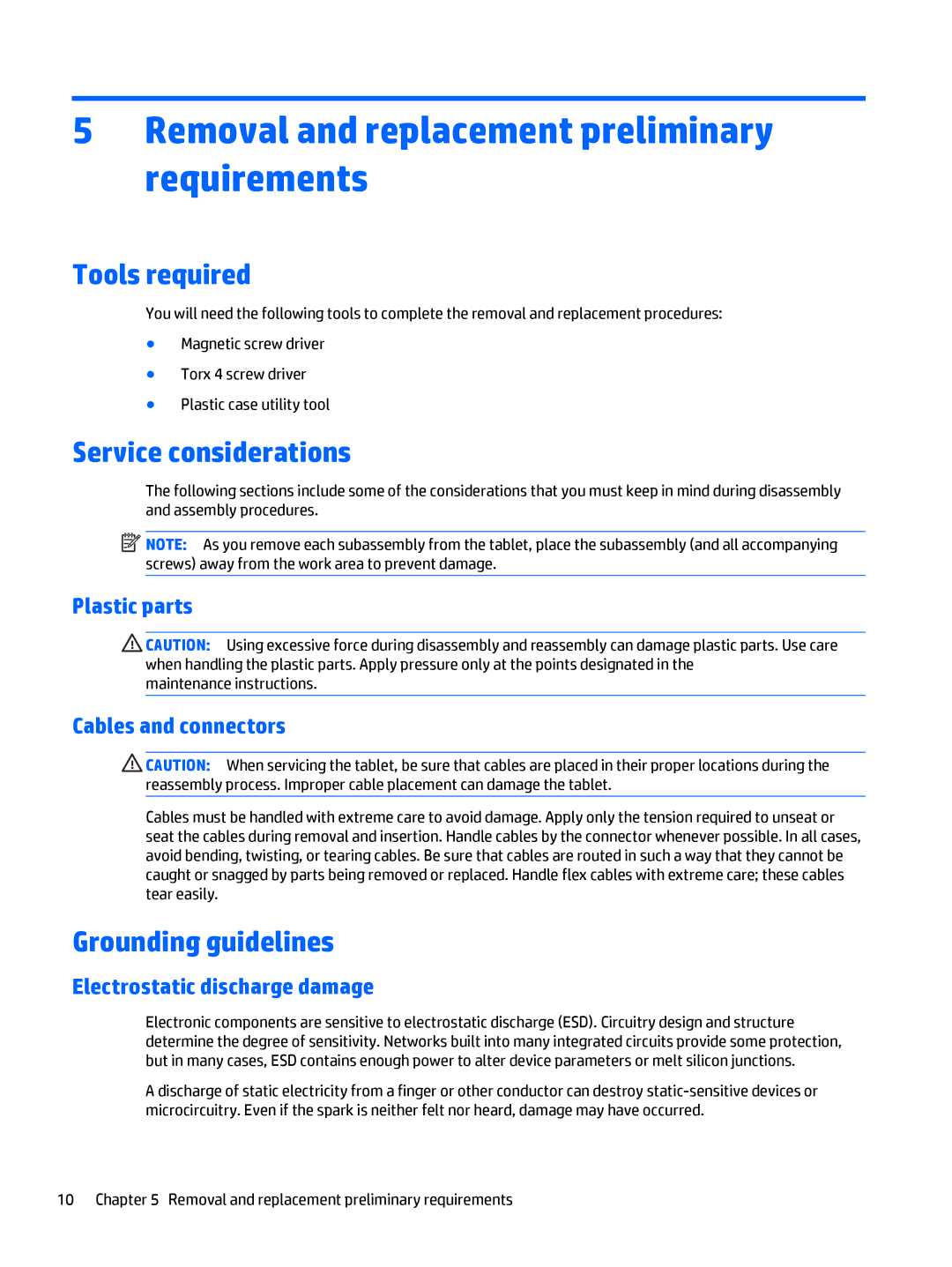 HP 12 Pro Removal and replacement preliminary requirements, Tools required, Service considerations, Grounding guidelines 