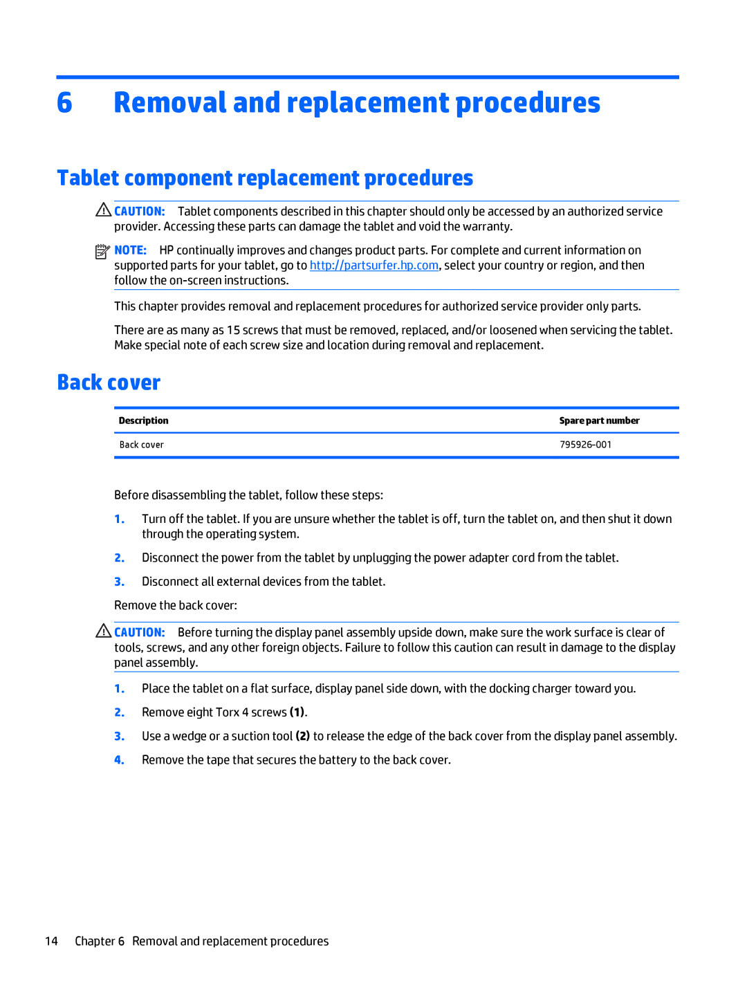 HP 12 Pro manual Removal and replacement procedures, Tablet component replacement procedures, Back cover 